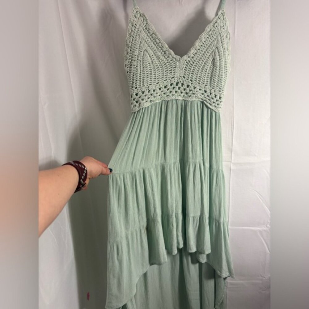 Sea Foam Crochet Smock Boho Whimsy Tiered High Low Fairy Dress Size M-L